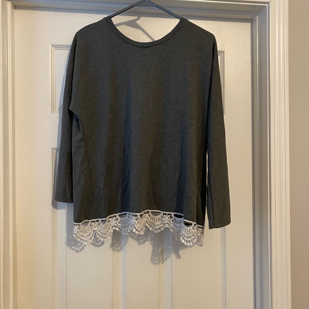 Eyeshadow Gray Long Sleeve Top with White Lace Hem